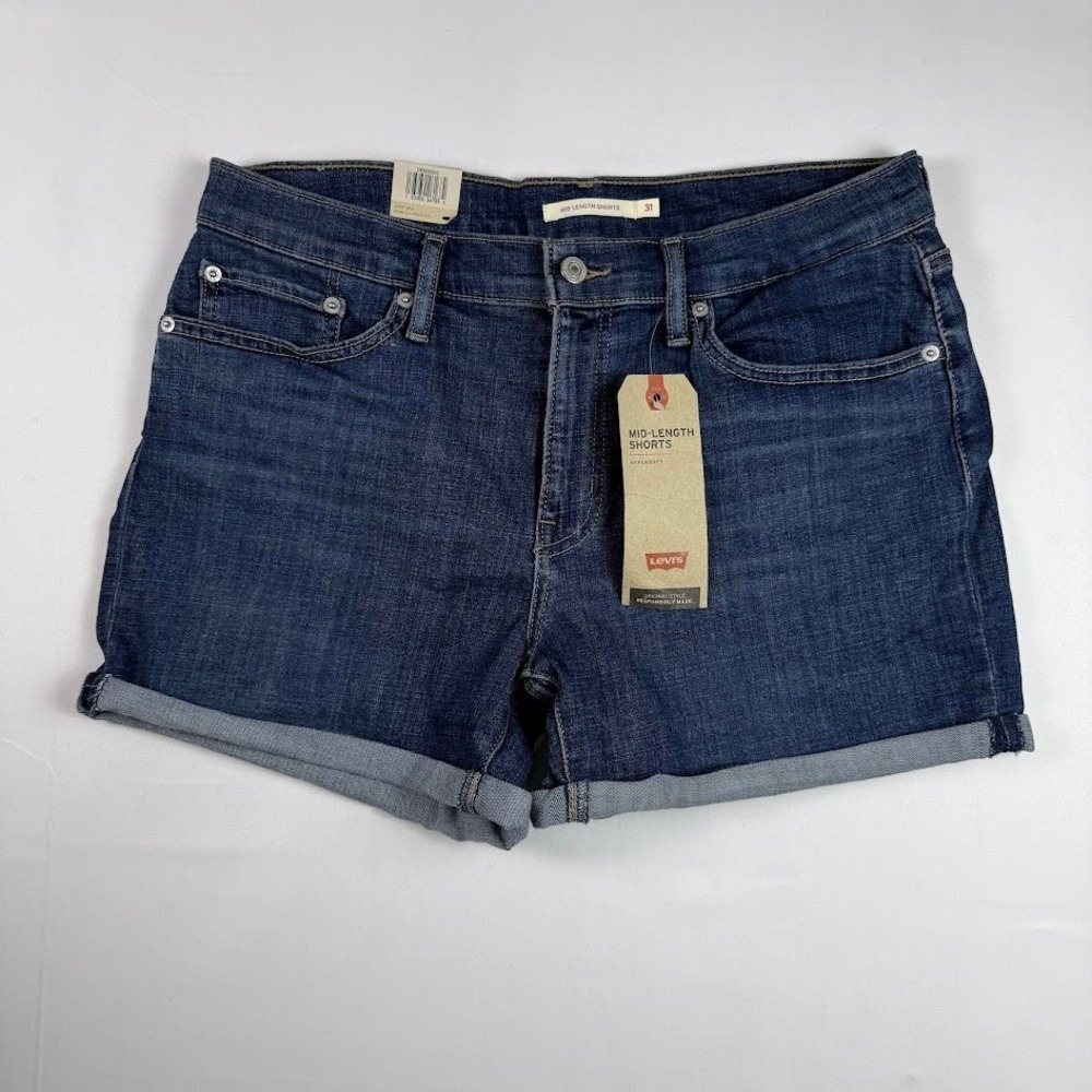 Levis Mid-Length Shorts 31 Dark Wash Denim Sculpt Hypersoft Slim Cuffed 12 Jorts